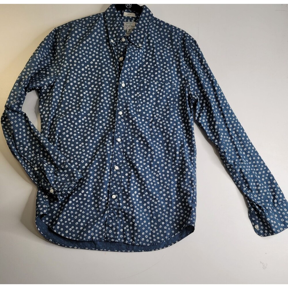 J.Crew Secret Wash Slim Organic Cotton Shirt Slate Blue White Floral Print Mediu